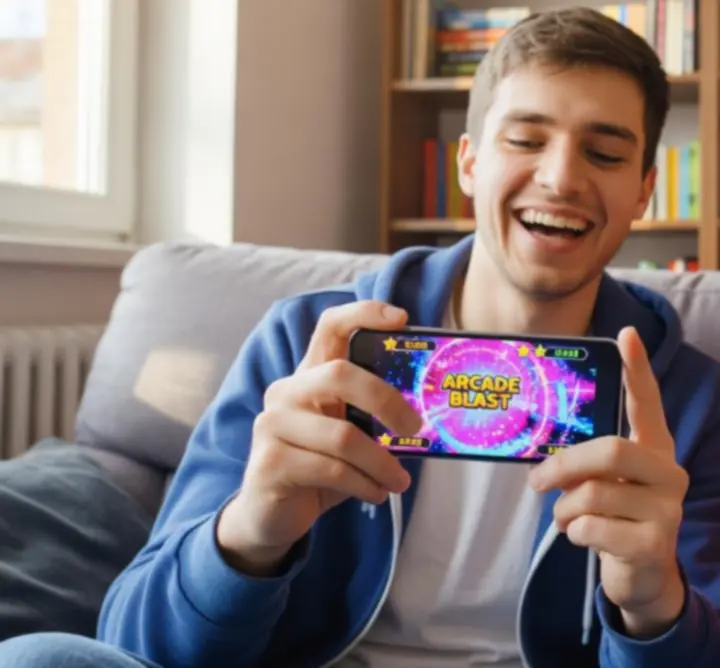 Uśmiechnięci gracze korzystający z gry mobilnej Scritchy Scratchy na smartfonie
