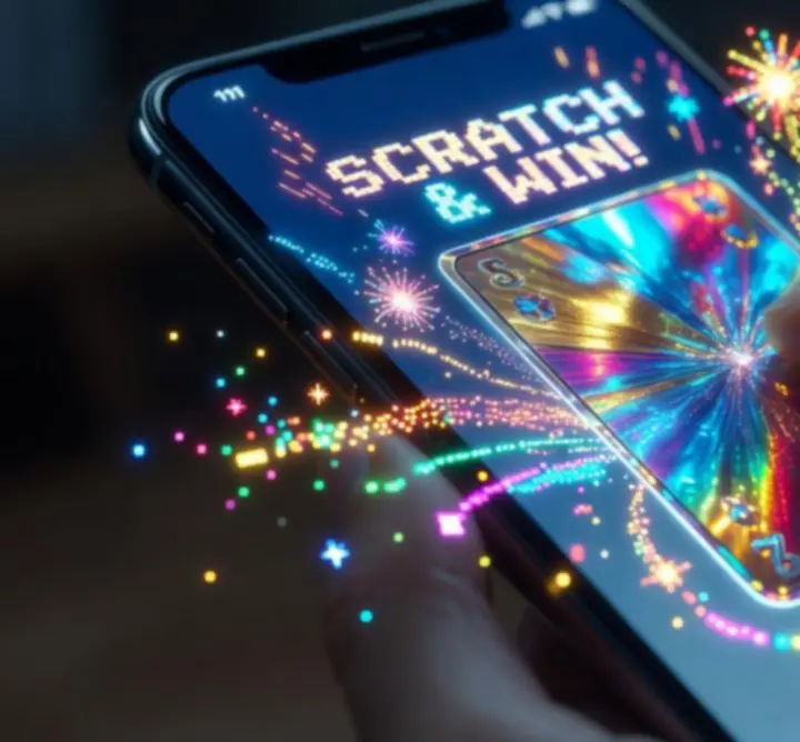 Zbliżenie na przycisk zdrapywania i interakcję palcem w grze Scritchy Scratchy
